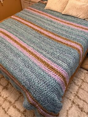 NEW and beautiful Handmade Blue, Pink & Tan Crochet Bed Throw